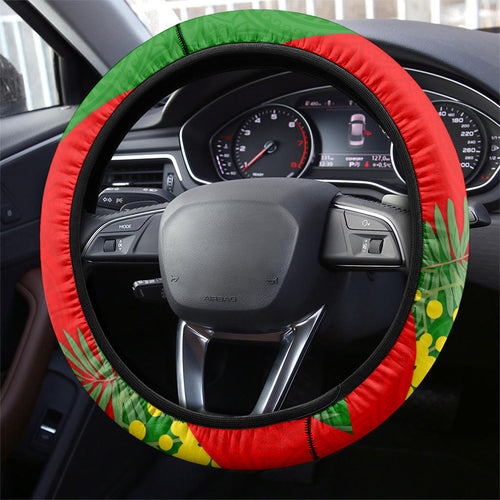 South Sydney Rabbitohs Steering Wheel Cover Golden Wattle Floral Polynesian - Australian Flower - Rugby Mascot