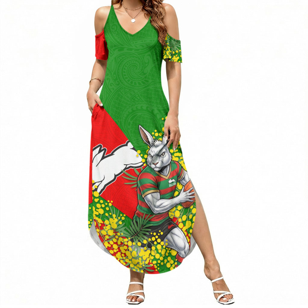 South Sydney Rabbitohs Summer Maxi Dress Golden Wattle Floral Polynesian - Australian Flower - Rugby Mascot