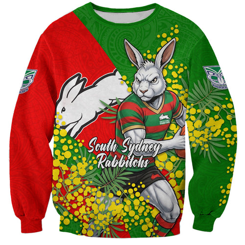 South Sydney Rabbitohs Sweatshirt Golden Wattle Floral Polynesian - Australian Flower - Rugby Mascot