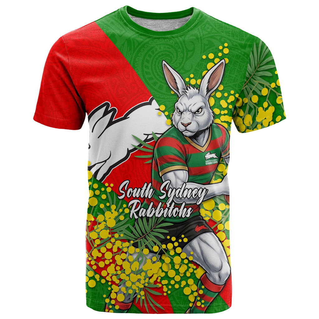 South Sydney Rabbitohs T Shirt Golden Wattle Floral Polynesian - Australian Flower - Rugby Mascot