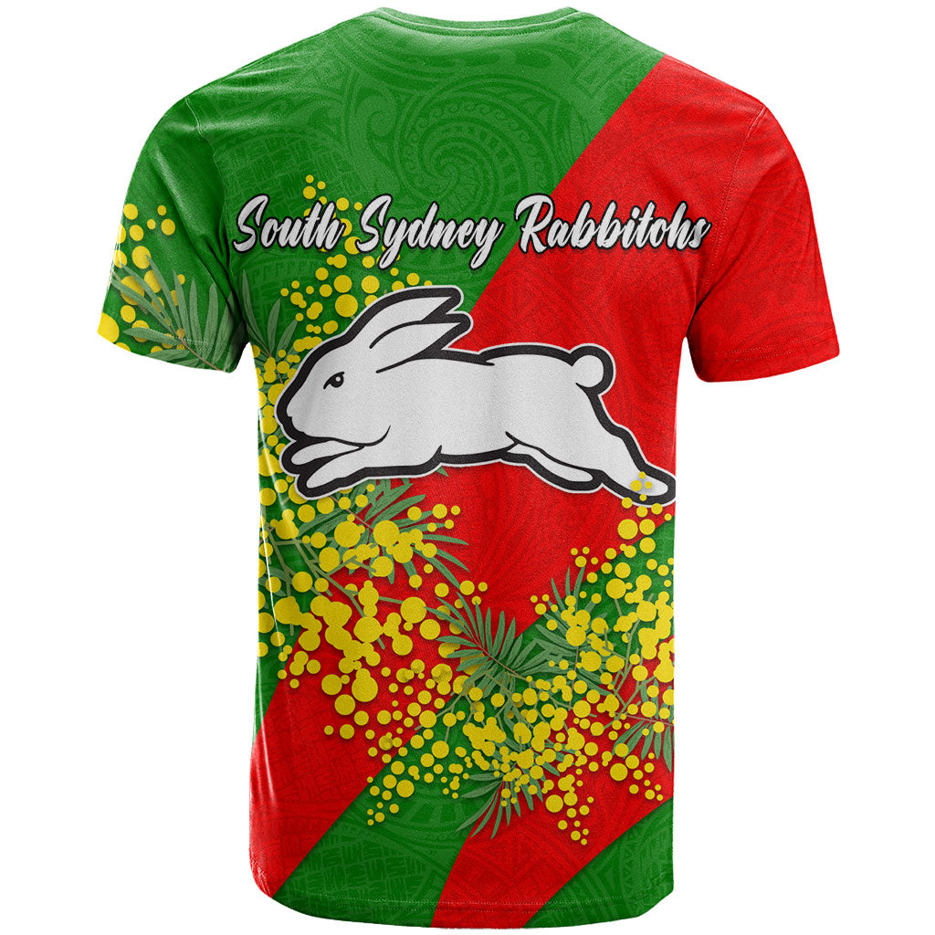 South Sydney Rabbitohs T Shirt Golden Wattle Floral Polynesian - Australian Flower - Rugby Mascot