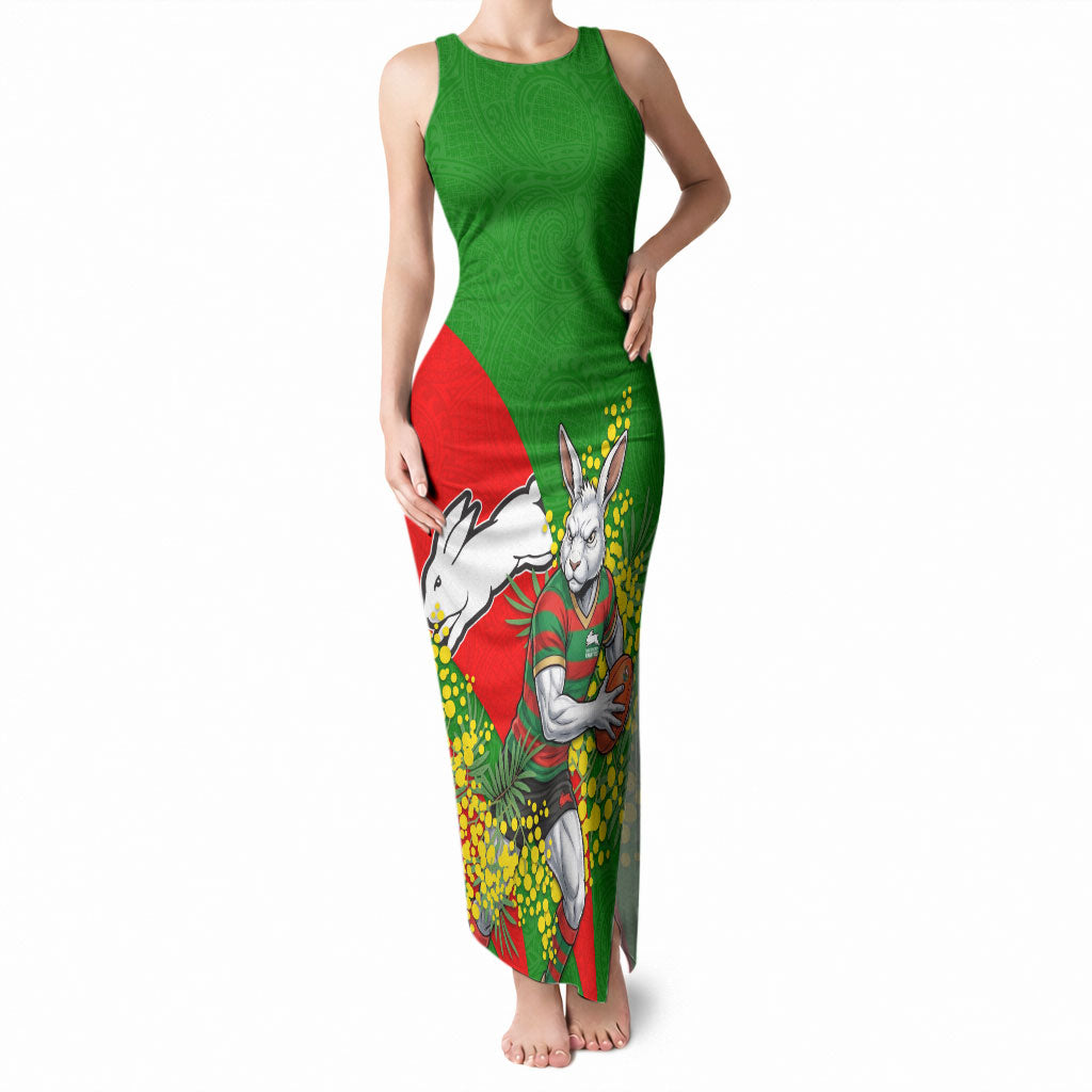 South Sydney Rabbitohs Tank Maxi Dress Golden Wattle Floral Polynesian - Australian Flower - Rugby Mascot
