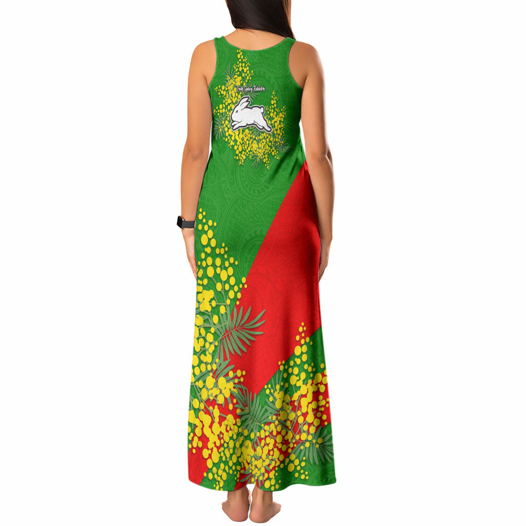 South Sydney Rabbitohs Tank Maxi Dress Golden Wattle Floral Polynesian - Australian Flower - Rugby Mascot