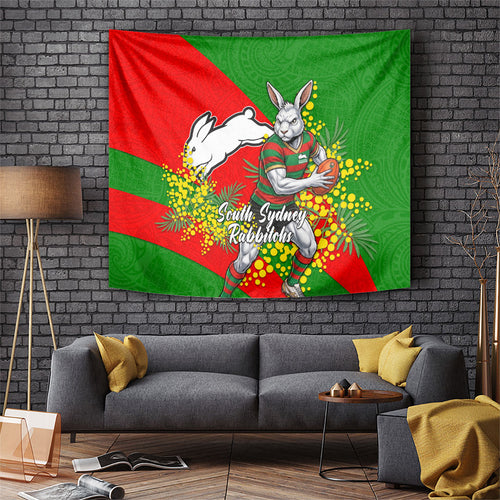 South Sydney Rabbitohs Tapestry Golden Wattle Floral Polynesian - Australian Flower - Rugby Mascot