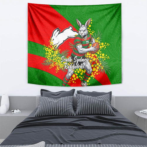 South Sydney Rabbitohs Tapestry Golden Wattle Floral Polynesian - Australian Flower - Rugby Mascot