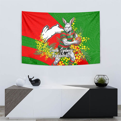 South Sydney Rabbitohs Tapestry Golden Wattle Floral Polynesian - Australian Flower - Rugby Mascot