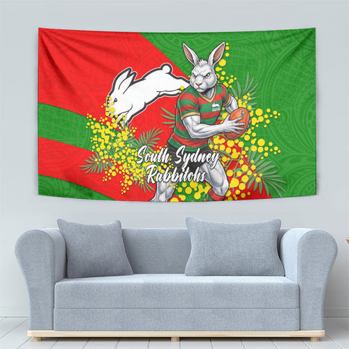 South Sydney Rabbitohs Tapestry Golden Wattle Floral Polynesian - Australian Flower - Rugby Mascot