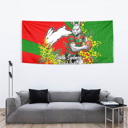 South Sydney Rabbitohs Tapestry Golden Wattle Floral Polynesian - Australian Flower - Rugby Mascot