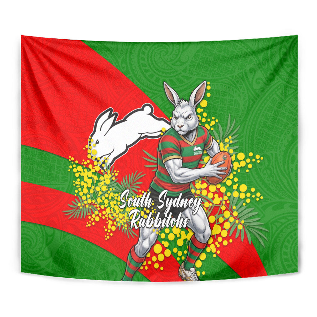 South Sydney Rabbitohs Tapestry Golden Wattle Floral Polynesian - Australian Flower - Rugby Mascot