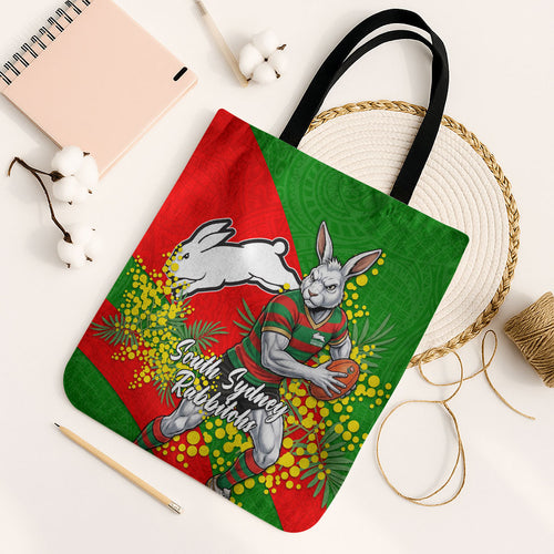 South Sydney Rabbitohs Tote Bag Golden Wattle Floral Polynesian - Australian Flower - Rugby Mascot