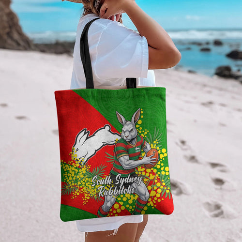 South Sydney Rabbitohs Tote Bag Golden Wattle Floral Polynesian - Australian Flower - Rugby Mascot