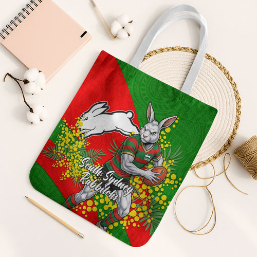 South Sydney Rabbitohs Tote Bag Golden Wattle Floral Polynesian - Australian Flower - Rugby Mascot