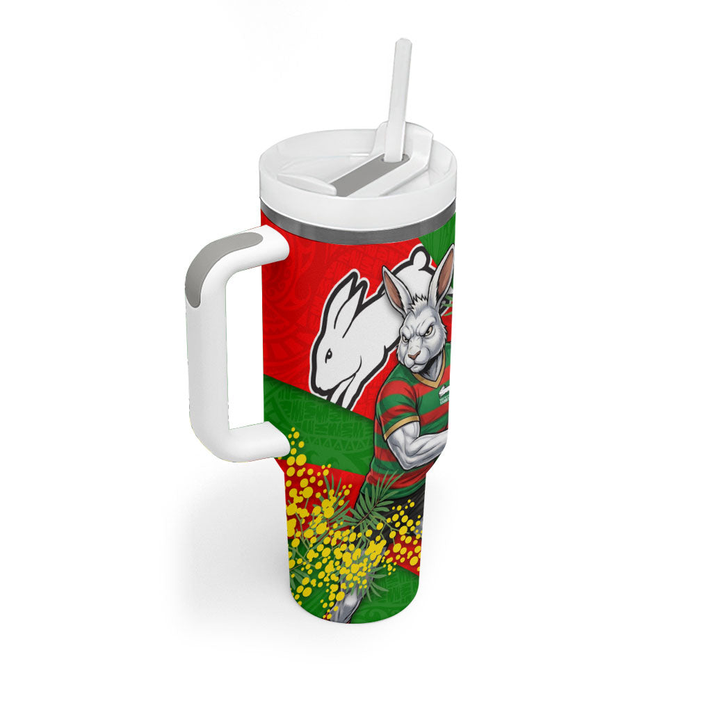 South Sydney Rabbitohs Tumbler With Handle Golden Wattle Floral Polynesian - Australian Flower - Rugby Mascot