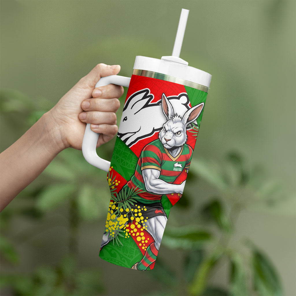 South Sydney Rabbitohs Tumbler With Handle Golden Wattle Floral Polynesian - Australian Flower - Rugby Mascot
