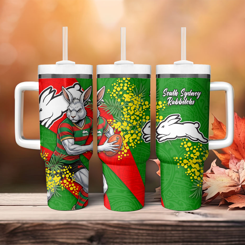 South Sydney Rabbitohs Tumbler With Handle Golden Wattle Floral Polynesian - Australian Flower - Rugby Mascot