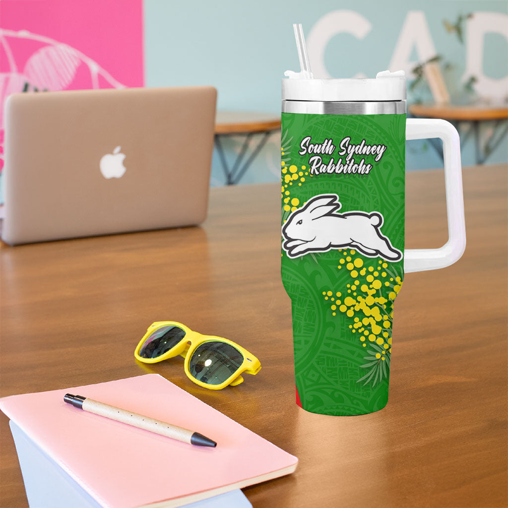 South Sydney Rabbitohs Tumbler With Handle Golden Wattle Floral Polynesian - Australian Flower - Rugby Mascot