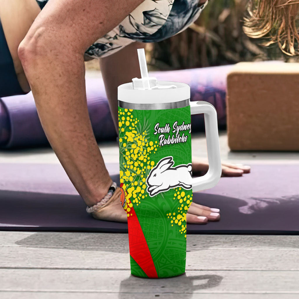South Sydney Rabbitohs Tumbler With Handle Golden Wattle Floral Polynesian - Australian Flower - Rugby Mascot