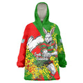 South Sydney Rabbitohs Wearable Blanket Hoodie Golden Wattle Floral Polynesian - Australian Flower - Rugby Mascot