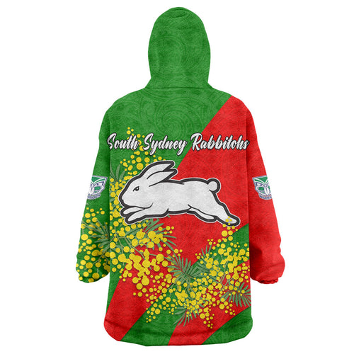 South Sydney Rabbitohs Wearable Blanket Hoodie Golden Wattle Floral Polynesian - Australian Flower - Rugby Mascot
