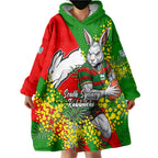 South Sydney Rabbitohs Wearable Blanket Hoodie Golden Wattle Floral Polynesian - Australian Flower - Rugby Mascot