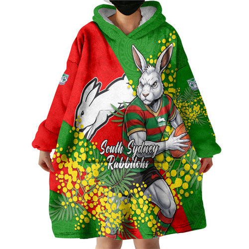 South Sydney Rabbitohs Wearable Blanket Hoodie Golden Wattle Floral Polynesian - Australian Flower - Rugby Mascot