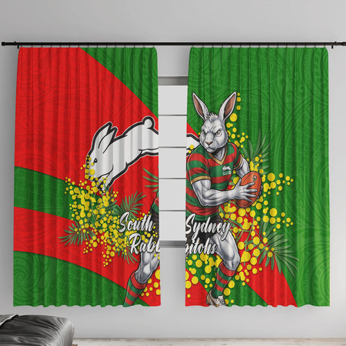 South Sydney Rabbitohs Window Curtain Golden Wattle Floral Polynesian - Australian Flower - Rugby Mascot