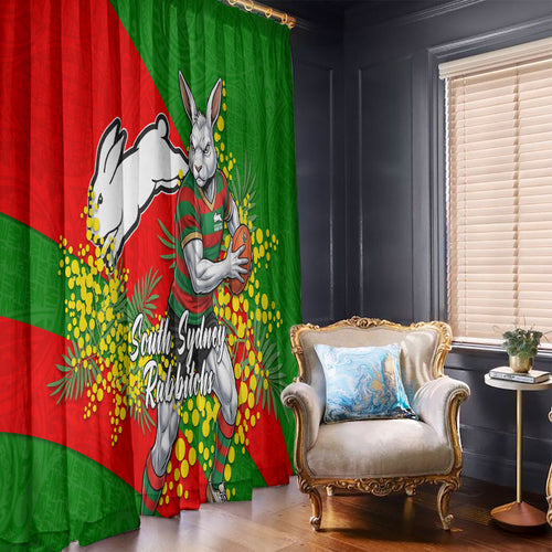 South Sydney Rabbitohs Window Curtain Golden Wattle Floral Polynesian - Australian Flower - Rugby Mascot