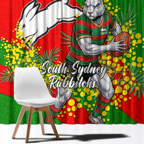 South Sydney Rabbitohs Window Curtain Golden Wattle Floral Polynesian - Australian Flower - Rugby Mascot