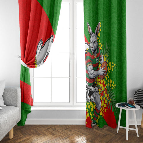 South Sydney Rabbitohs Window Curtain Golden Wattle Floral Polynesian - Australian Flower - Rugby Mascot