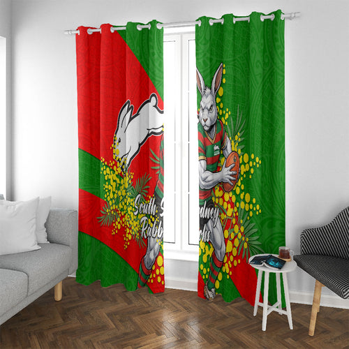 South Sydney Rabbitohs Window Curtain Golden Wattle Floral Polynesian - Australian Flower - Rugby Mascot
