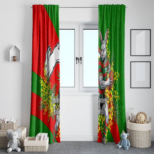 South Sydney Rabbitohs Window Curtain Golden Wattle Floral Polynesian - Australian Flower - Rugby Mascot