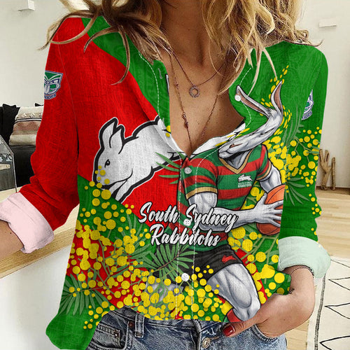 South Sydney Rabbitohs Women Casual Shirt Golden Wattle Floral Polynesian - Australian Flower - Rugby Mascot