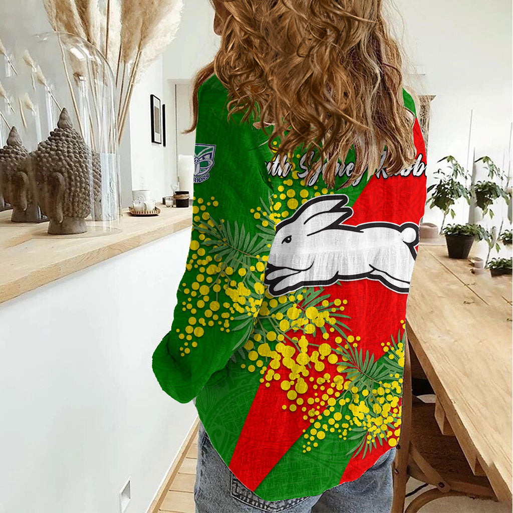 South Sydney Rabbitohs Women Casual Shirt Golden Wattle Floral Polynesian - Australian Flower - Rugby Mascot