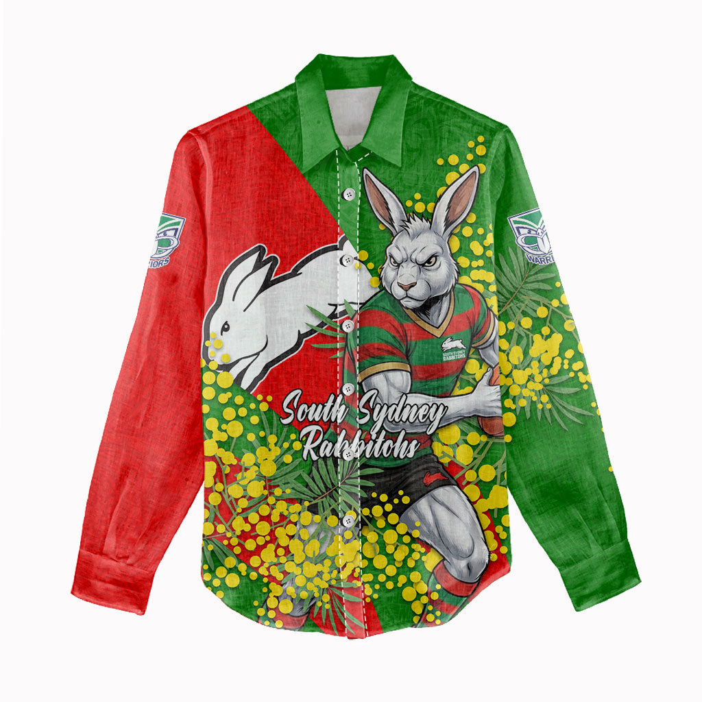 South Sydney Rabbitohs Women Casual Shirt Golden Wattle Floral Polynesian - Australian Flower - Rugby Mascot