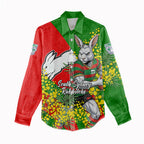 South Sydney Rabbitohs Women Casual Shirt Golden Wattle Floral Polynesian - Australian Flower - Rugby Mascot
