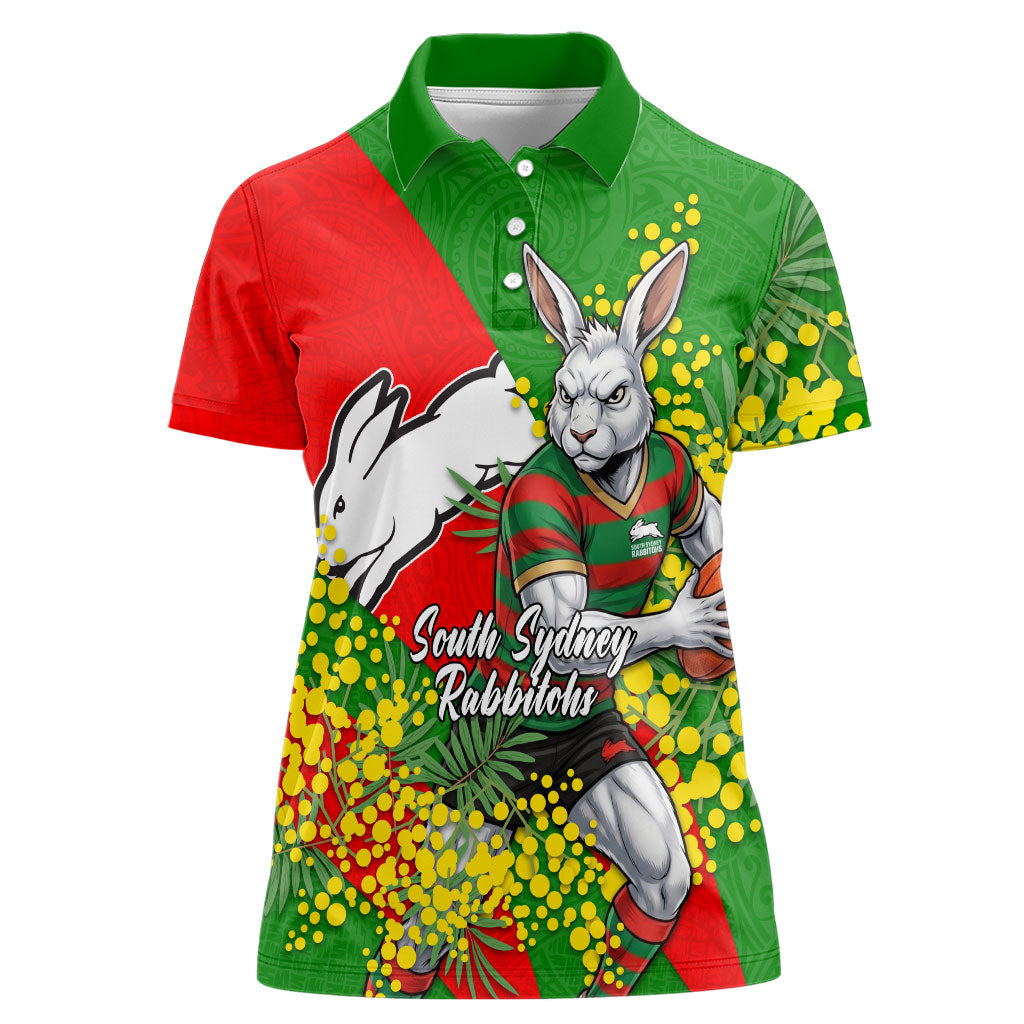 South Sydney Rabbitohs Women Polo Shirt Golden Wattle Floral Polynesian - Australian Flower - Rugby Mascot