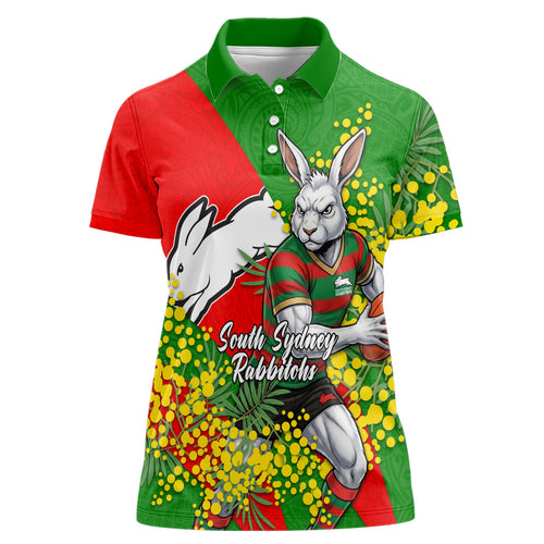 South Sydney Rabbitohs Women Polo Shirt Golden Wattle Floral Polynesian - Australian Flower - Rugby Mascot