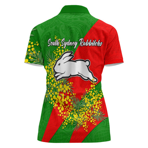 South Sydney Rabbitohs Women Polo Shirt Golden Wattle Floral Polynesian - Australian Flower - Rugby Mascot