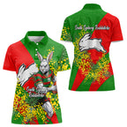 South Sydney Rabbitohs Women Polo Shirt Golden Wattle Floral Polynesian - Australian Flower - Rugby Mascot