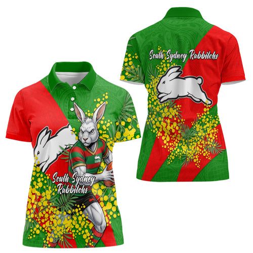 South Sydney Rabbitohs Women Polo Shirt Golden Wattle Floral Polynesian - Australian Flower - Rugby Mascot