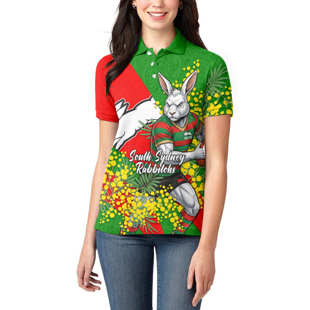 South Sydney Rabbitohs Women Polo Shirt Golden Wattle Floral Polynesian - Australian Flower - Rugby Mascot