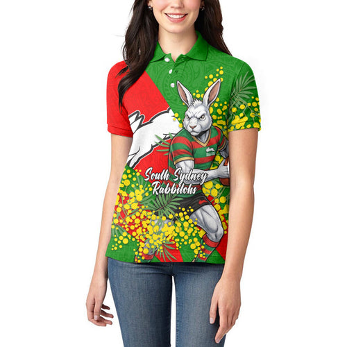 South Sydney Rabbitohs Women Polo Shirt Golden Wattle Floral Polynesian - Australian Flower - Rugby Mascot
