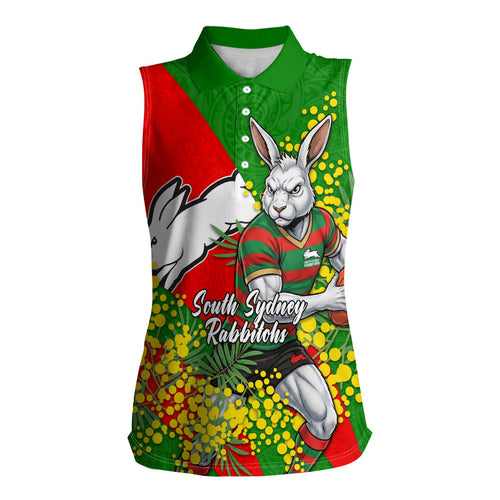 South Sydney Rabbitohs Women Sleeveless Polo Shirt Golden Wattle Floral Polynesian - Australian Flower - Rugby Mascot