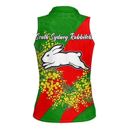 South Sydney Rabbitohs Women Sleeveless Polo Shirt Golden Wattle Floral Polynesian - Australian Flower - Rugby Mascot