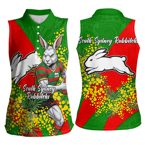 South Sydney Rabbitohs Women Sleeveless Polo Shirt Golden Wattle Floral Polynesian - Australian Flower - Rugby Mascot