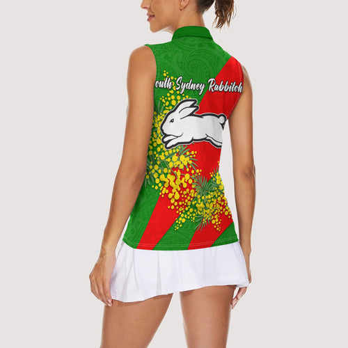 South Sydney Rabbitohs Women Sleeveless Polo Shirt Golden Wattle Floral Polynesian - Australian Flower - Rugby Mascot