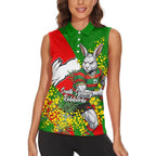 South Sydney Rabbitohs Women Sleeveless Polo Shirt Golden Wattle Floral Polynesian - Australian Flower - Rugby Mascot