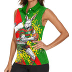 South Sydney Rabbitohs Women Sleeveless Polo Shirt Golden Wattle Floral Polynesian - Australian Flower - Rugby Mascot