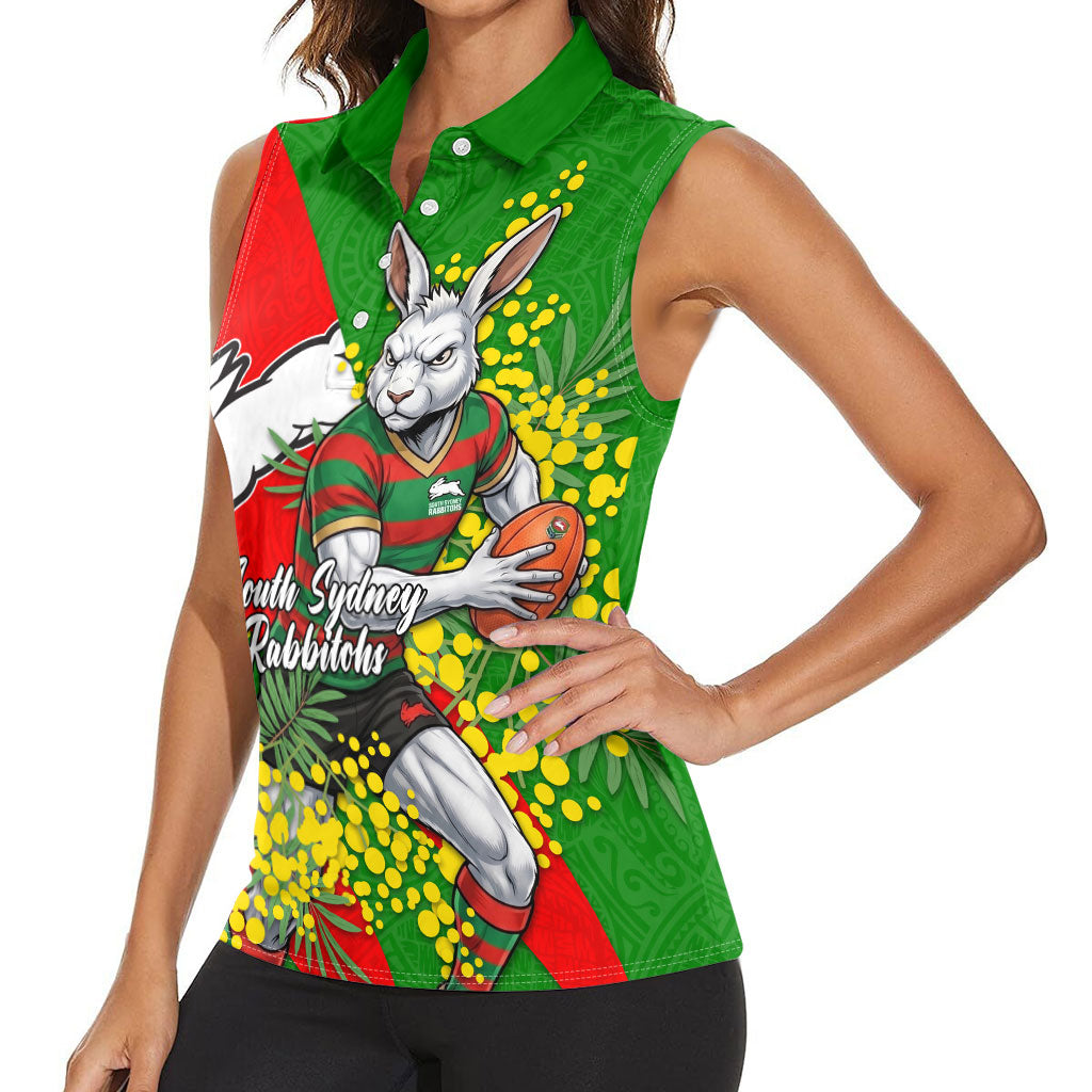 South Sydney Rabbitohs Women Sleeveless Polo Shirt Golden Wattle Floral Polynesian - Australian Flower - Rugby Mascot