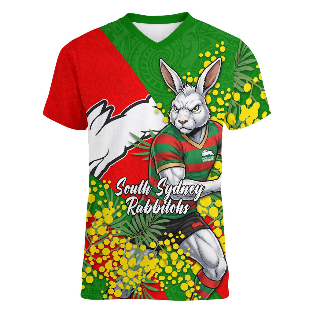 South Sydney Rabbitohs Women V-Neck T-Shirt Golden Wattle Floral Polynesian - Australian Flower - Rugby Mascot
